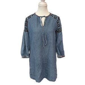Madewell Blue Embroidered Boho Medium Wash Casual‎ Shirt Dress Extra Small